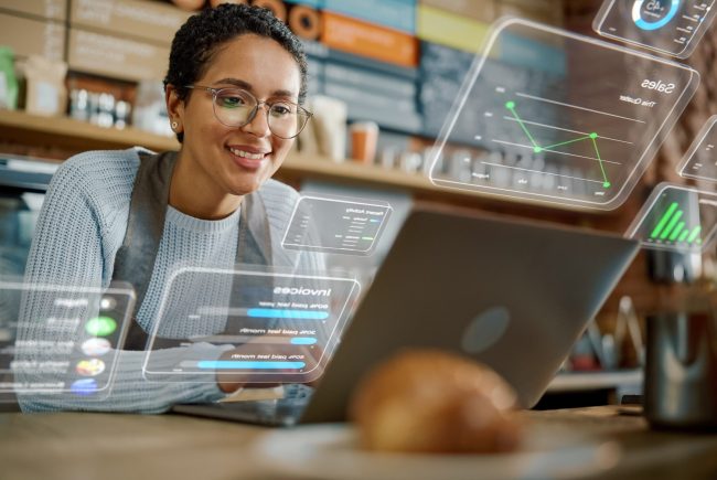Beautiful,Latina,Coffee,Shop,Owner,Is,Working,On,Laptop,Computer